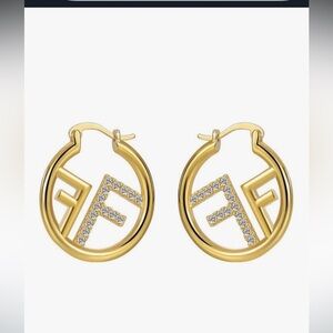14kt gold plated F designer earrings Hoop Earrings with Crystal Accents
